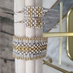 Lucky Brand Semi Precious Accents Two Tone Beaded Mesh Bracelet & Earrings